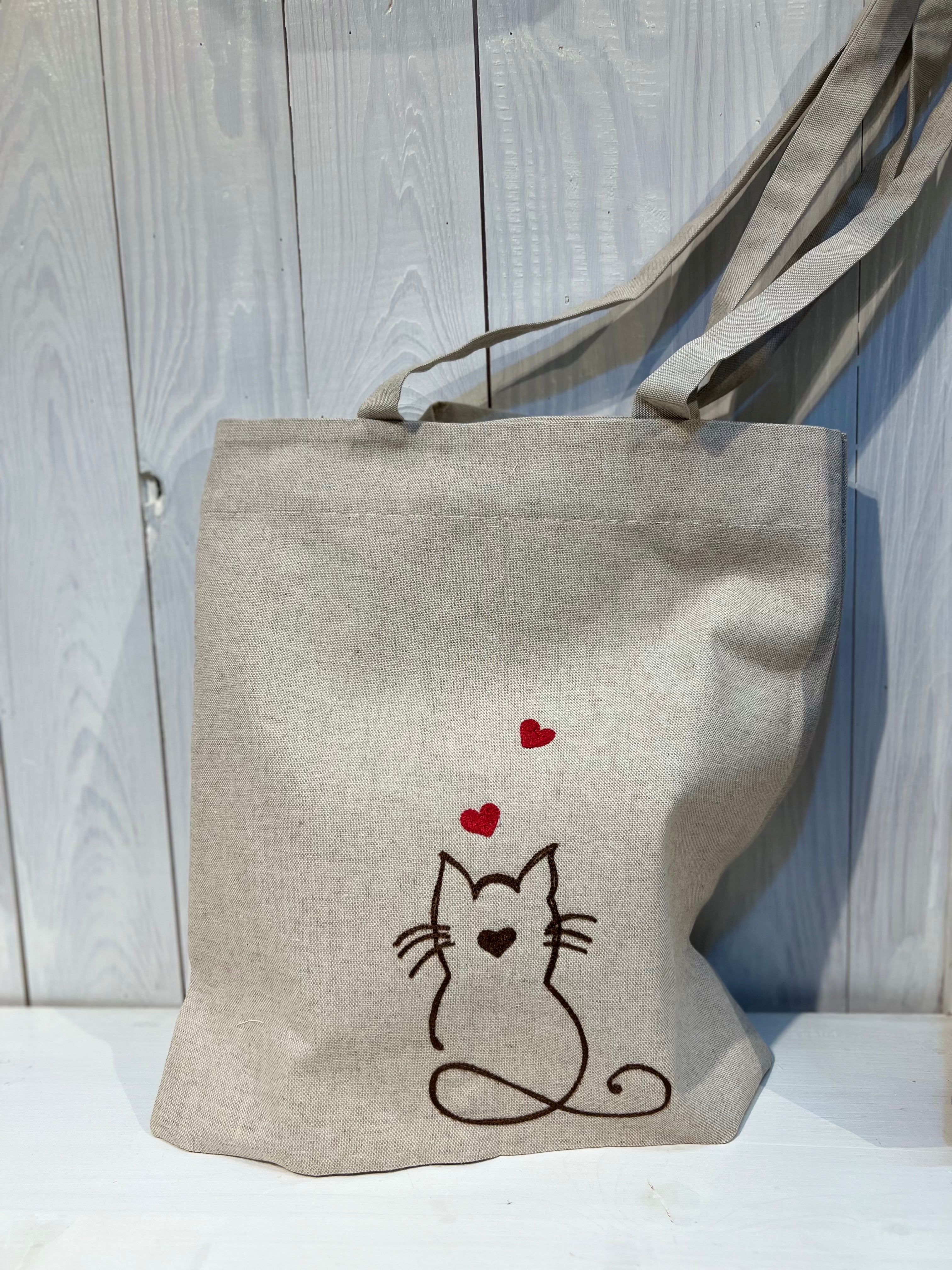 【BAON】Mintico Embo Embroidery Tote Bag Tote Bag Embroidery Kitten - Unique Piece - Handmade